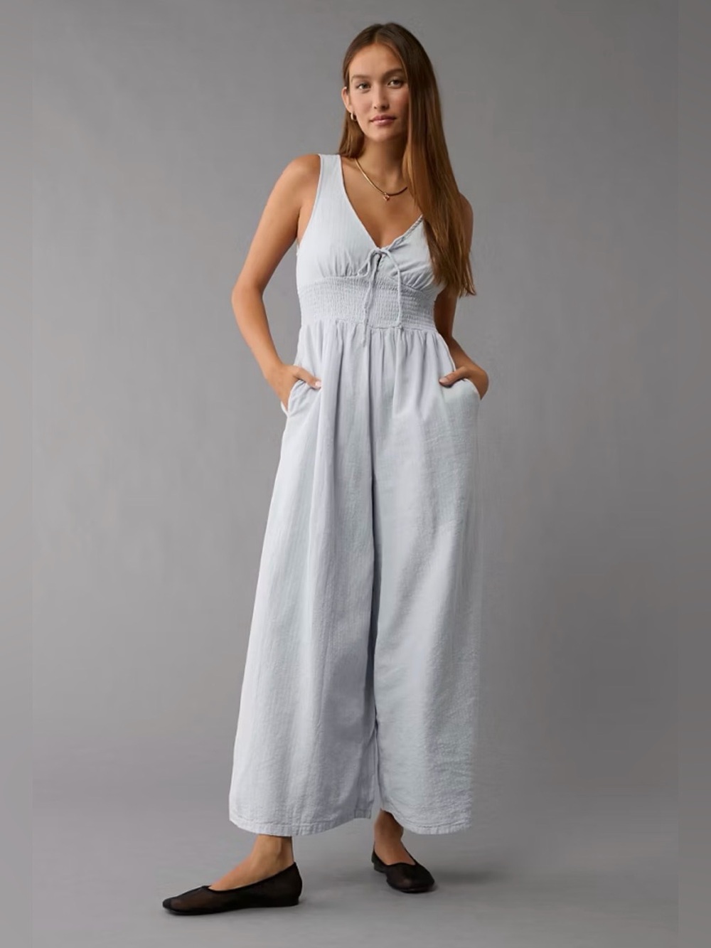American Eagle Outfitters Pale Blue Smocked-Waist Jumpsuit